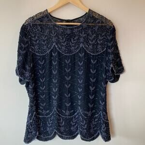Cote d’ Azur Vintage 1980s Beaded Black Sequin Short Sleeve Blouse XL Classic